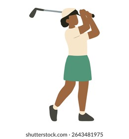Flat Style Female Golfer Swinging – Vector Character Isolated