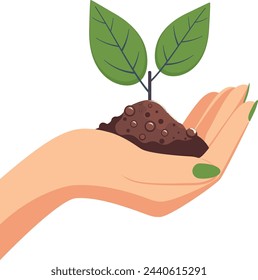 Flat style female hand hold soil with small sprout with two green leaves.