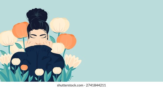 Flat style female portrait among stylized flowers.