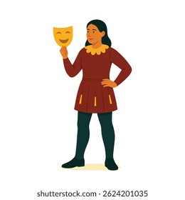 Atriz de teatro feminina de estilo plano segurando máscara de comédia - ilustração vetorial para artes cênicas, drama e performance de palco