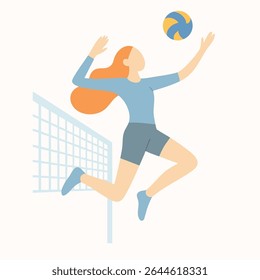 Jogador de vôlei feminino estilo plano saltando para Spike a ilustração da bola