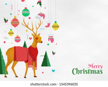 Flat style festival elements like as hanging bauble, santa clothes, xmas tree and reindeer character on white background for Merry Christmas celebration greeting card design.