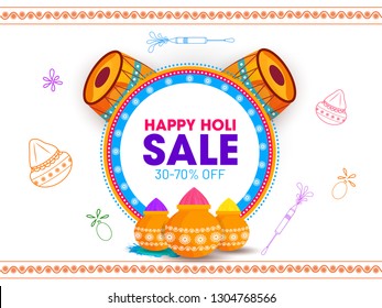 Flat style festival elements such as color pot and dhol (Drum) illustration for Happy Holi sale poster or banner design.