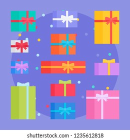 Flat style festive holiday present boxes. Colorful gift boxes with fashionable ribbons and bows.