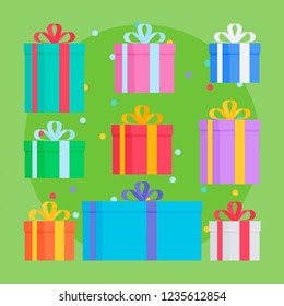 Flat style festive holiday present boxes. Colorful gift boxes with fashionable ribbons and bows.
