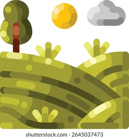 Flat style field icon with simple lines and natural tones. Suitable for agriculture themes, farm landscapes, organic food branding, and rural illustration projects.