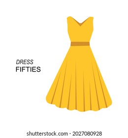 Flat Style Fifties Dress Vector Illustartion. Cartoon Style Sleeveless Wrap Dress Vector Icon Isolated On White Background. Simple Yellow  Dress For Summer. Modern Women's V-Neck Dress Pictogram