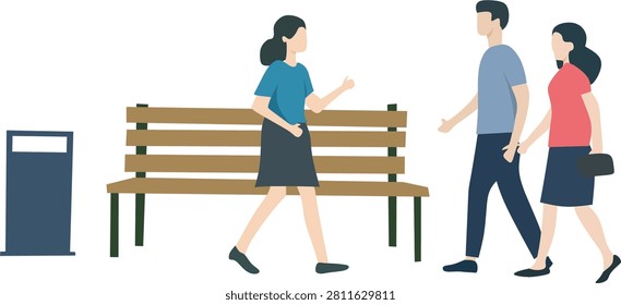 Flat style figures walk by park bench and trashcan. Suitable for urban design, environmental themes, and cityscape concepts.