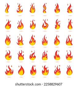 Flat style fire flame logo, black color icons vector illustration isolated on white background. 