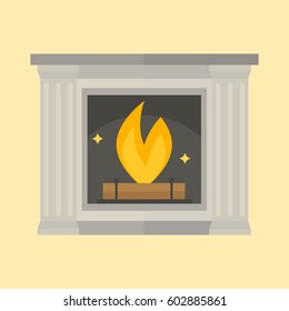 Flat style fireplace icon design house room warm christmas flame bright decoration coal furnace and comfortable warmth energy indoors vector illustration.