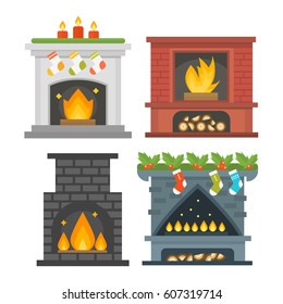 Flat style fireplace icon design house room warm christmas flame bright decoration coal furnace and comfortable warmth energy indoors vector illustration.