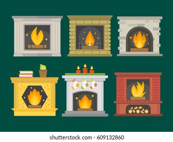 Flat style fireplace icon design house room warm christmas flame bright decoration coal furnace and comfortable warmth energy indoors vector illustration.