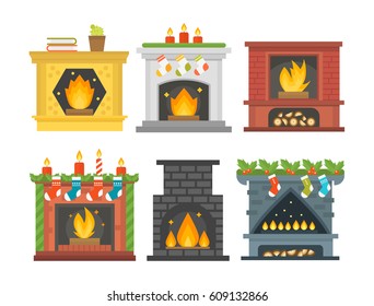 Flat style fireplace icon design house room warm christmas flame bright decoration coal furnace and comfortable warmth energy indoors vector illustration.