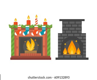 Flat style fireplace icon design house room warm christmas flame bright decoration coal furnace and comfortable warmth energy indoors vector illustration.