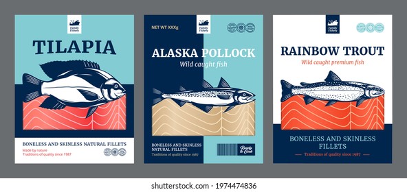 Flat style fish packaging design, Vector.  Rainbow trout, Alaska pollock and tilapia fish illustrations