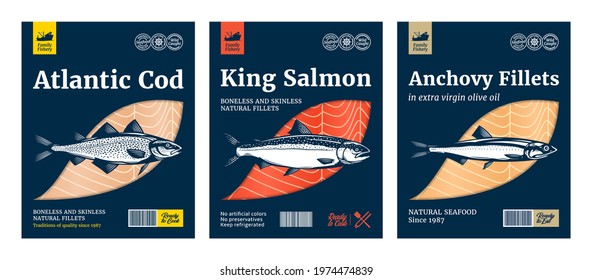 Flat Style Fish Packaging Design, Vector. Salmon, Atlantic Cod And Anchovy Fish Illustrations