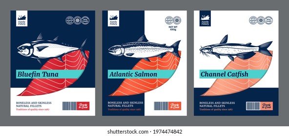 Flat style fish packaging design, Vector.  Salmon, catfish and tuna fish illustrations