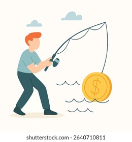 Flat Style Fishing Rod Man with Coin Gold Concept Illustration
