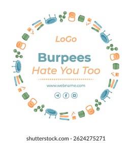 Flat style fitness banner featuring gym equipment and sport essentials. Tools like kettlebell, dumbbell, and rope form a workout frame. Healthy training theme, colorful background for banner design.