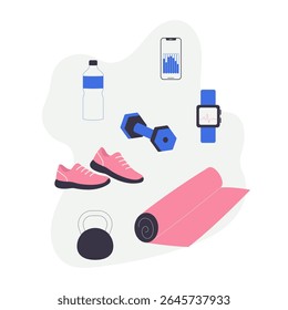 Flat style fitness set with dumbbell, sneakers, yoga mat, smartwatch, phone, water bottle, and kettlebell. Ideal for health, gym, sport, and wellness designs.