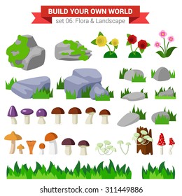 Flat style flora landscape environment stone flower mushroom moss bush grass nature objects icon set. Build your own world collection.