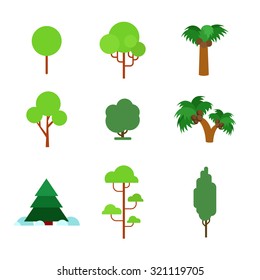 Flat style flora plant green trees nature objects icon set. Pine fir coconut palm oak alder conifer spruce maple. Build your own world collection.
