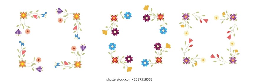 Flat Style Floral Borders and Frames Set. Decoration and botanic graphic design elements vector