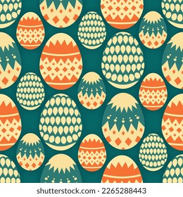 Flat Style Floral Decorative Easter Eggs Seamless Teal Background.