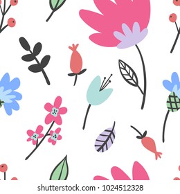 Flat Style Flowers and Berries Colorful Vector Seamless Pattern