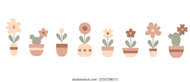 Flat style flowers in pots collection. Trendy minimalistic design. Hand drawn vector illustration.
