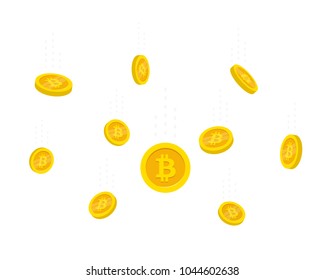 Flat style flying gold Bitcoins isolated on white background. Coins money falling vector illustration