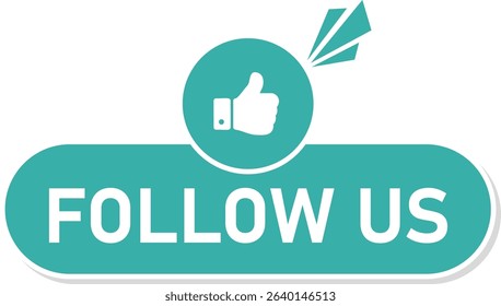 Flat style "Follow Us" button with thumbs up icon and alert graphic, perfect for social media, marketing, and digital engagement prompts.