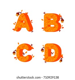 Flat style font with autumn leaves and acorns. Orange and yellow alphabet made of trees and leafs. Seasonal autumn letters. Letters A, B, C, D flat illustration.