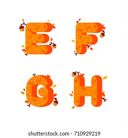 Flat style font with autumn leaves and acorns. Orange and yellow alphabet made of trees and leafs. Seasonal autumn letters. Letters E, F, G, H flat illustration.