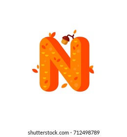 Flat style font with autumn leaves and acorns. Orange and yellow alphabet made of trees and leafs. Seasonal autumn letters. Letter N flat illustration.