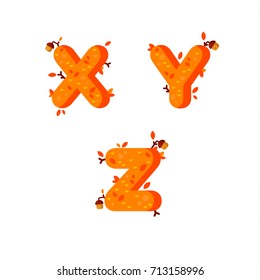 Flat style font with autumn leaves and acorns. Orange and yellow alphabet made of trees and leafs. Seasonal autumn letters. Letters X, Y, Z flat illustration.