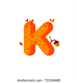 Flat style font with autumn leaves and acorns. Orange and yellow alphabet made of trees and leafs. Seasonal autumn letters. Letter K flat illustration.