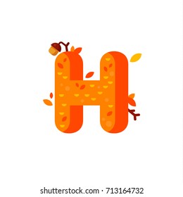 Flat style font with autumn leaves and acorns. Orange and yellow alphabet made of trees and leafs. Seasonal autumn letters. Letter H flat illustration.
