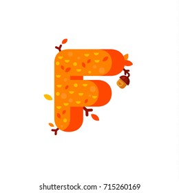 Flat style font with autumn leaves and acorns. Orange and yellow alphabet made of trees and leafs. Seasonal autumn letters. Letter F flat illustration.