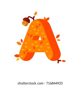 Flat style font with autumn leaves and acorns. Orange and yellow alphabet made of trees and leafs. Seasonal autumn letters. Letter A flat illustration.
