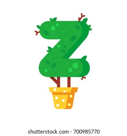 Flat style font made out of pot plants. Green alphabet made of trees and leafs. Seasonal summer letters. Letter Z flat illustration.