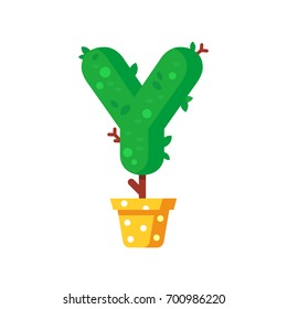 Flat style font made out of pot plants. Green alphabet made of trees and leafs. Seasonal summer letters. Letter Y flat illustration.