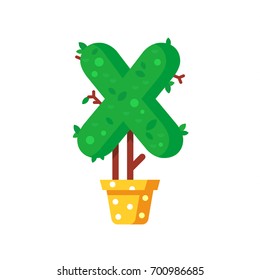 Flat style font made out of pot plants. Green alphabet made of trees and leafs. Seasonal summer letters. Letter X flat illustration.