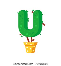 Flat style font made out of pot plants. Green alphabet made of trees and leafs. Seasonal summer letters. Letter U flat illustration.