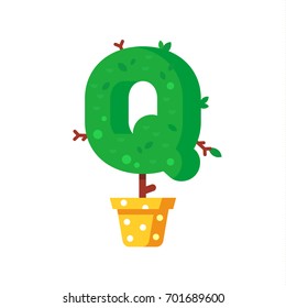Flat style font made out of pot plants. Green alphabet made of trees and leafs. Seasonal summer letters. Letter Q flat illustration.