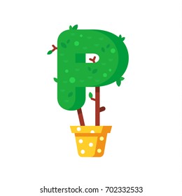 Flat style font made out of pot plants. Green alphabet made of trees and leafs. Seasonal summer letters. Letter P flat illustration.