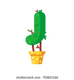 Flat style font made out of pot plants. Green alphabet made of trees and leafs. Seasonal summer letters. Letter J  flat illustration.