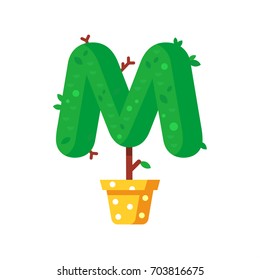 Flat style font made out of pot plants. Green alphabet made of trees and leafs. Seasonal summer letters. Letter M flat illustration.