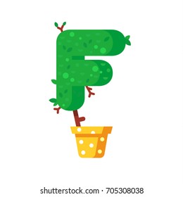 Flat style font made out of pot plants. Green alphabet made of trees and leafs. Seasonal summer letters. Letter F flat illustration.