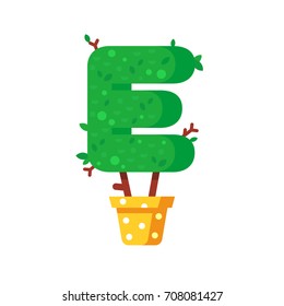 Flat style font made out of pot plants. Green alphabet made of trees and leafs. Seasonal summer letters. Letter E flat illustration.